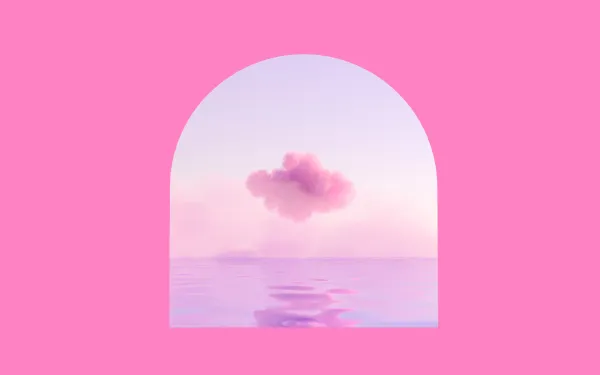 A pink cloud over some water, framed in an arch